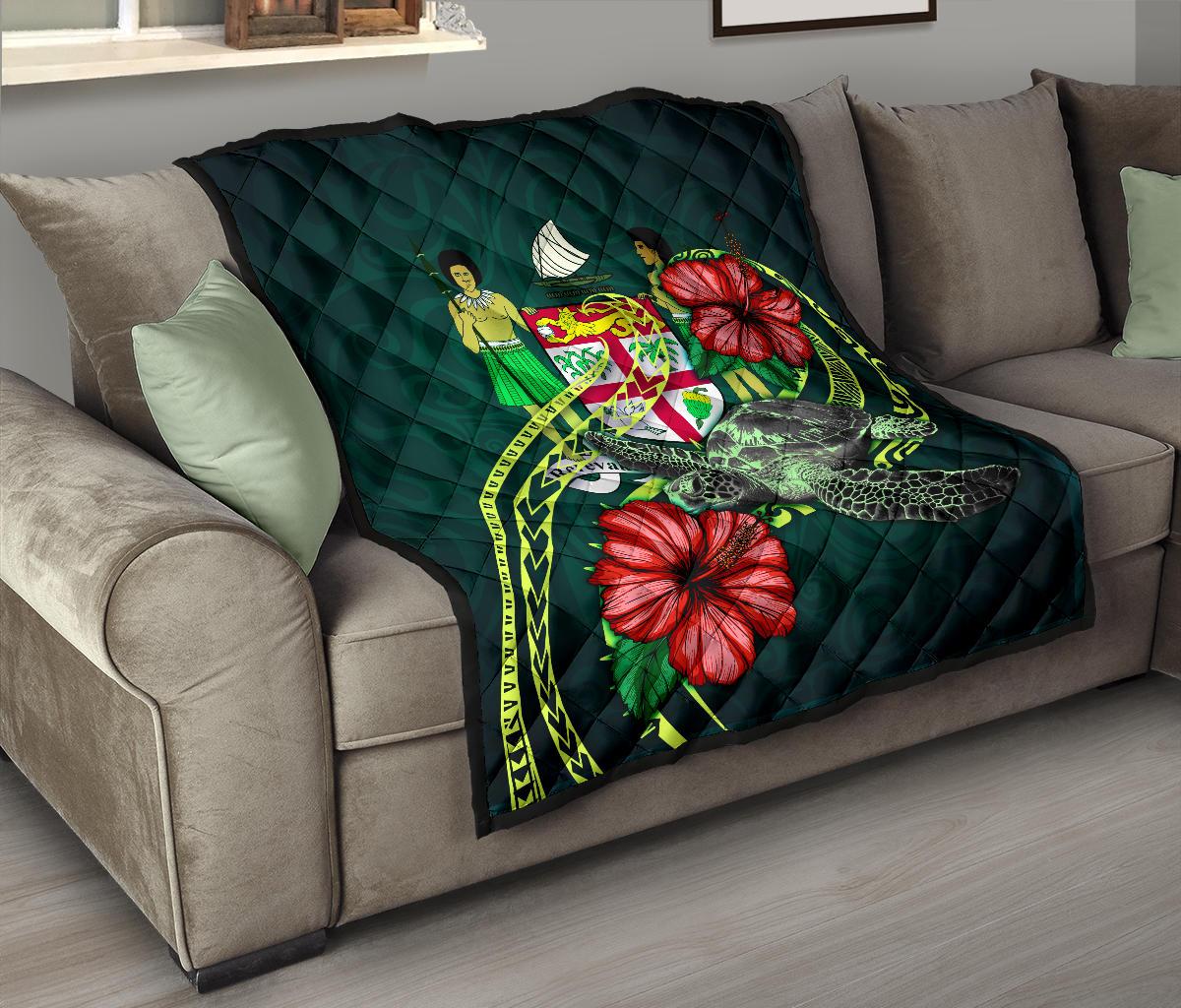 Fiji Polynesian Premium Quilt - Green Turtle Hibiscus - Polynesian Pride