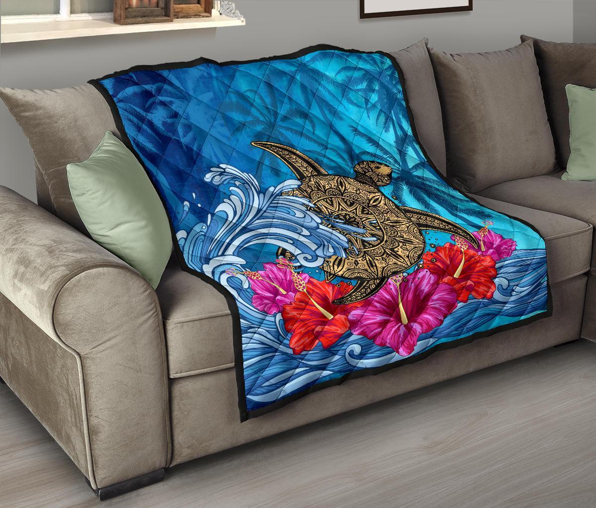 Hawaii Sea Turtle Hibiscus Coconut Tree Premium Quilt - Polynesian Pride