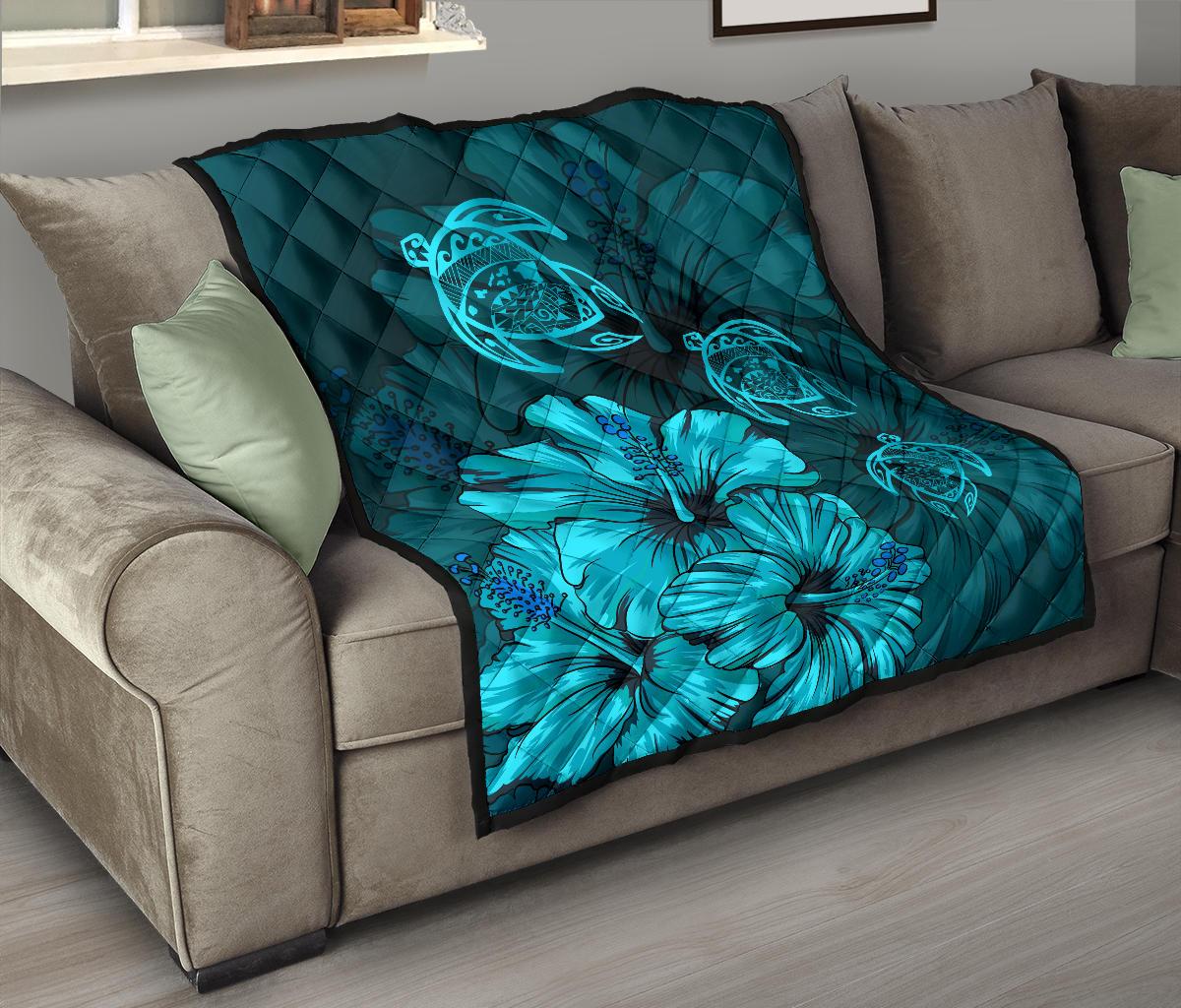 Hawaiian Map Hibiscus Turtle Vintage Polynesian Premium Quilt Turquoise - Polynesian Pride