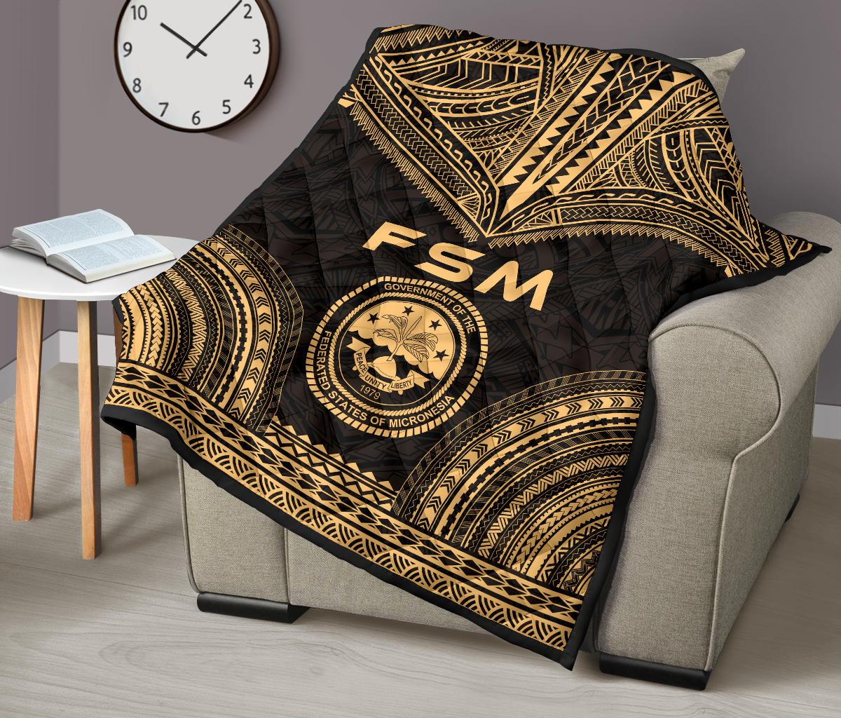 Federated States Of Micronesia Premium Quilt - FSM Seal Polynesian Chief Gold Version - Polynesian Pride