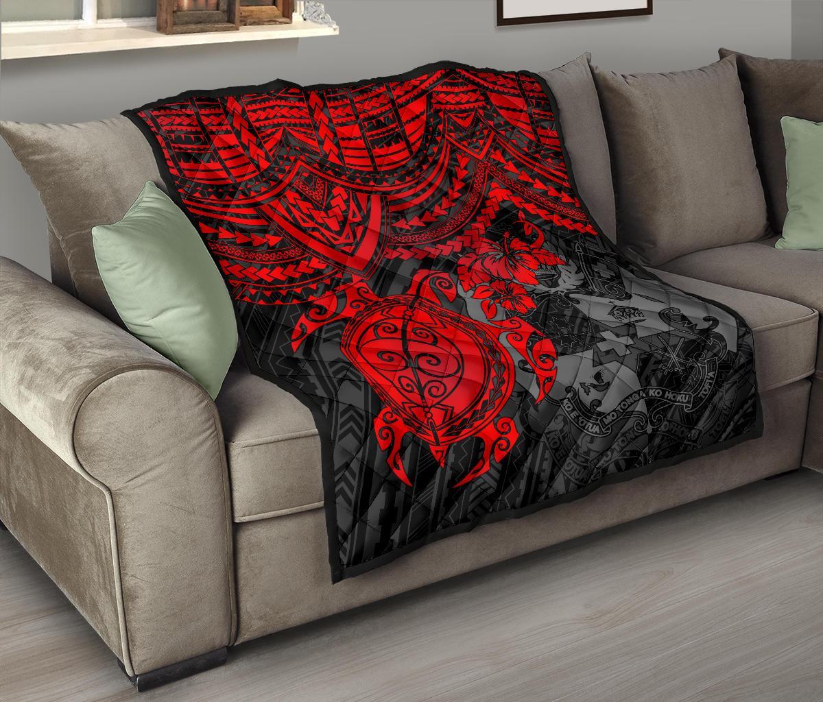 Tonga Polynesian Premium Quilts - Tonga Coat Of Arms & Red Turtle Hibiscus RED - Polynesian Pride