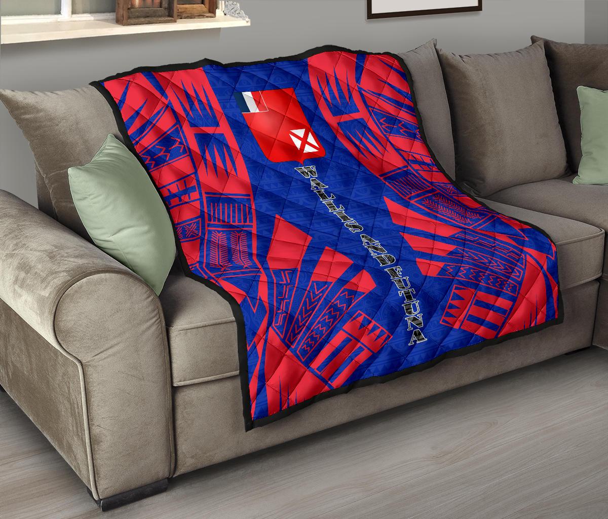 Wallis And Futuna Premium Quilt - Wallis And Futuna Coat Of Arms Polynesian Red Tattoo (Dark Blue) - Polynesian Pride