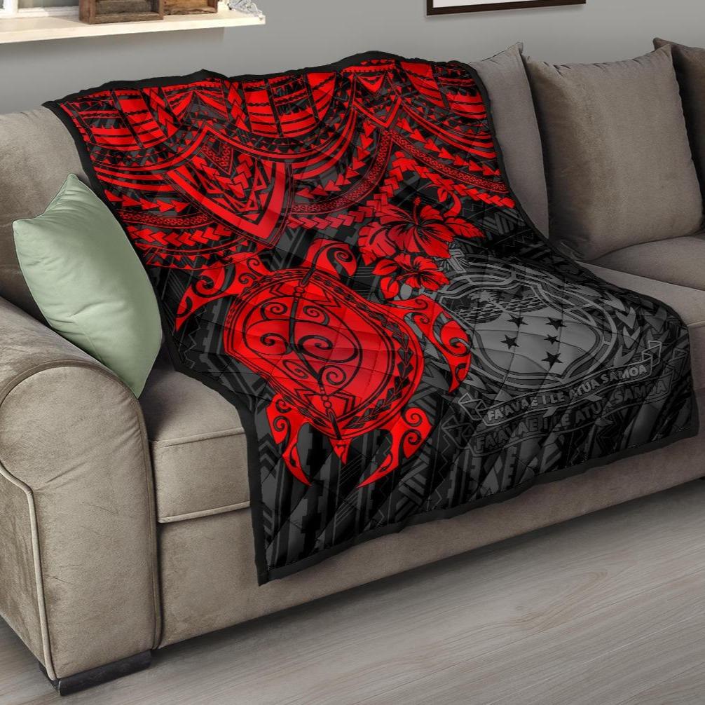 Samoa Polynesian Premium Quilt - Samoa Coat Of Arms & Red Turtle Hibiscus RED - Polynesian Pride