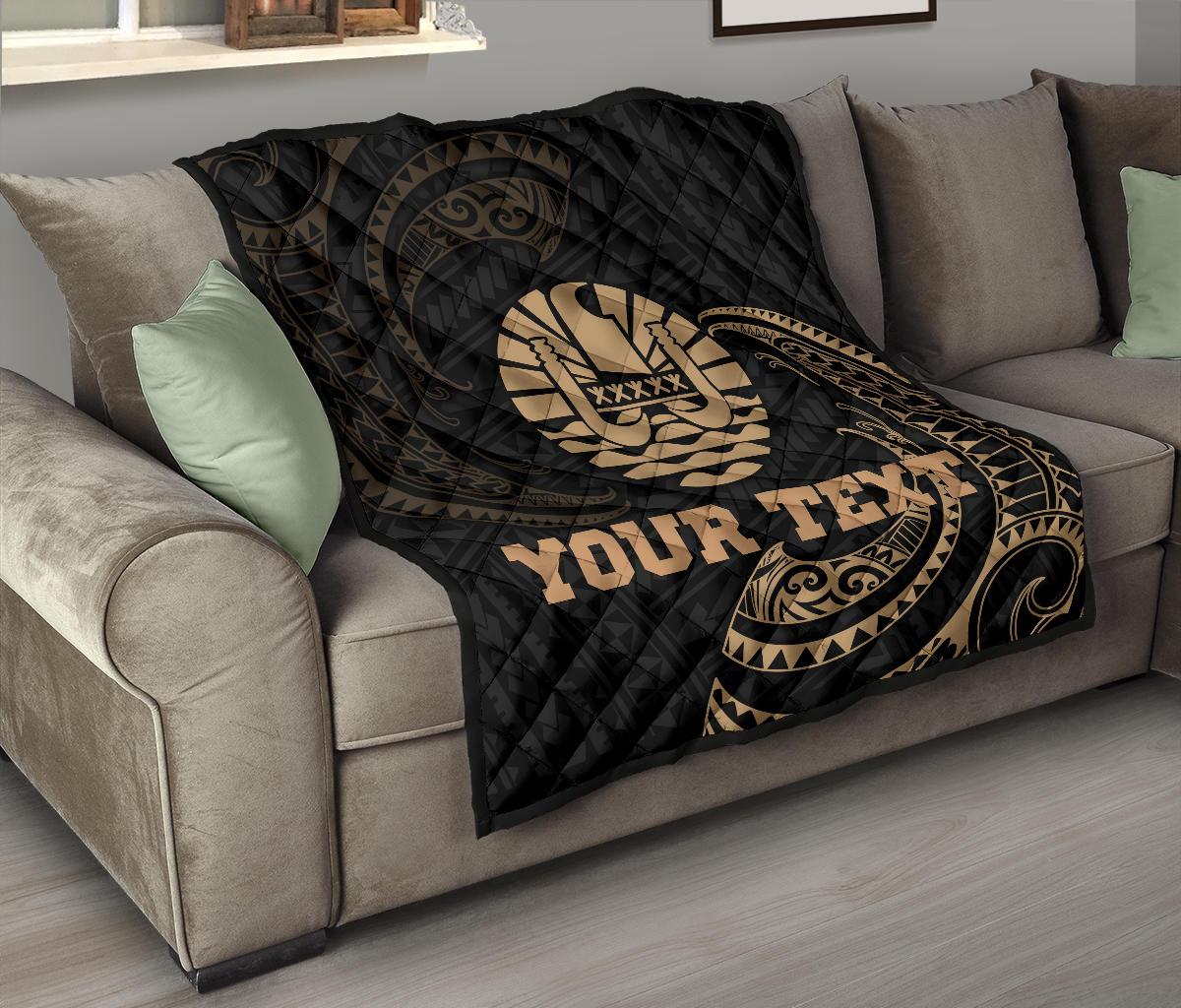Tahiti Polynesian Custom Personalised Premium Quilt - Gold Tribal Wave Black - Polynesian Pride