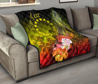 Cook Islands Custom Personalised Premium Quilt - Humpback Whale with Tropical Flowers (Yellow) - Polynesian Pride