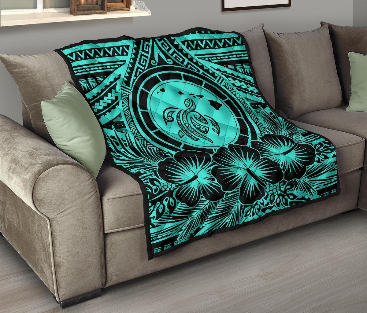 Hawaii Premium Quilt - Hawaii Map Honu Hibiscus Turquoise Polynesian Premium Quilt - Polynesian Pride