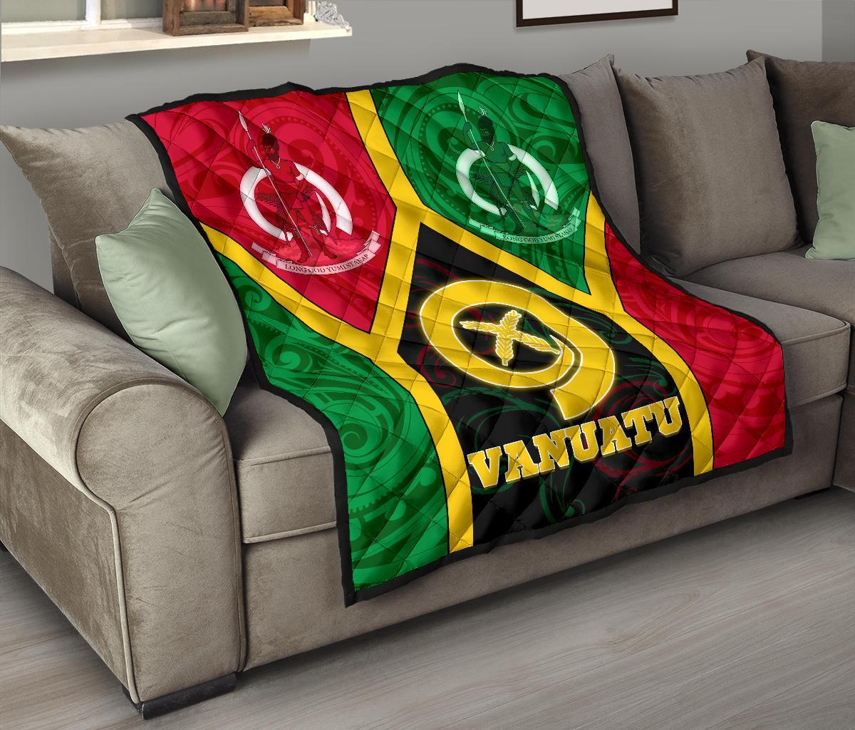 Vanuatu Polynesian Premium Quilt - Vanuatu Flag and Coat Of Arms - Polynesian Pride