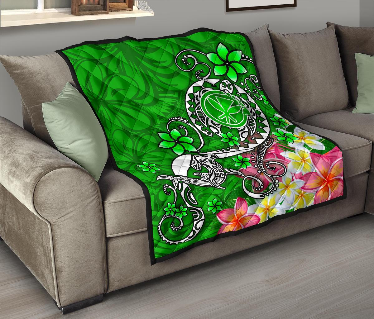 Hawaii Premium Quilt - Turtle Plumeria Polynesian Tattoo Green Color - Polynesian Pride