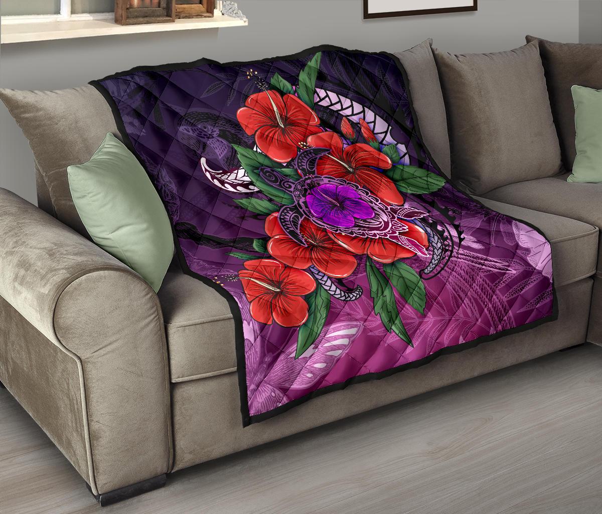Polynesian Premium Quilt - Purple Hibiscus Turtle Flowing - Polynesian Pride
