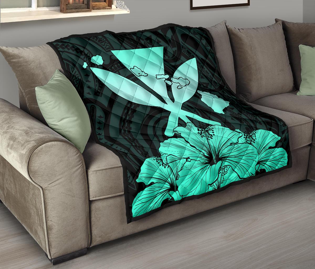 Hawaiian Kanaka Premium Quilt Hibiscus Polynesian Love Turquoise - Polynesian Pride