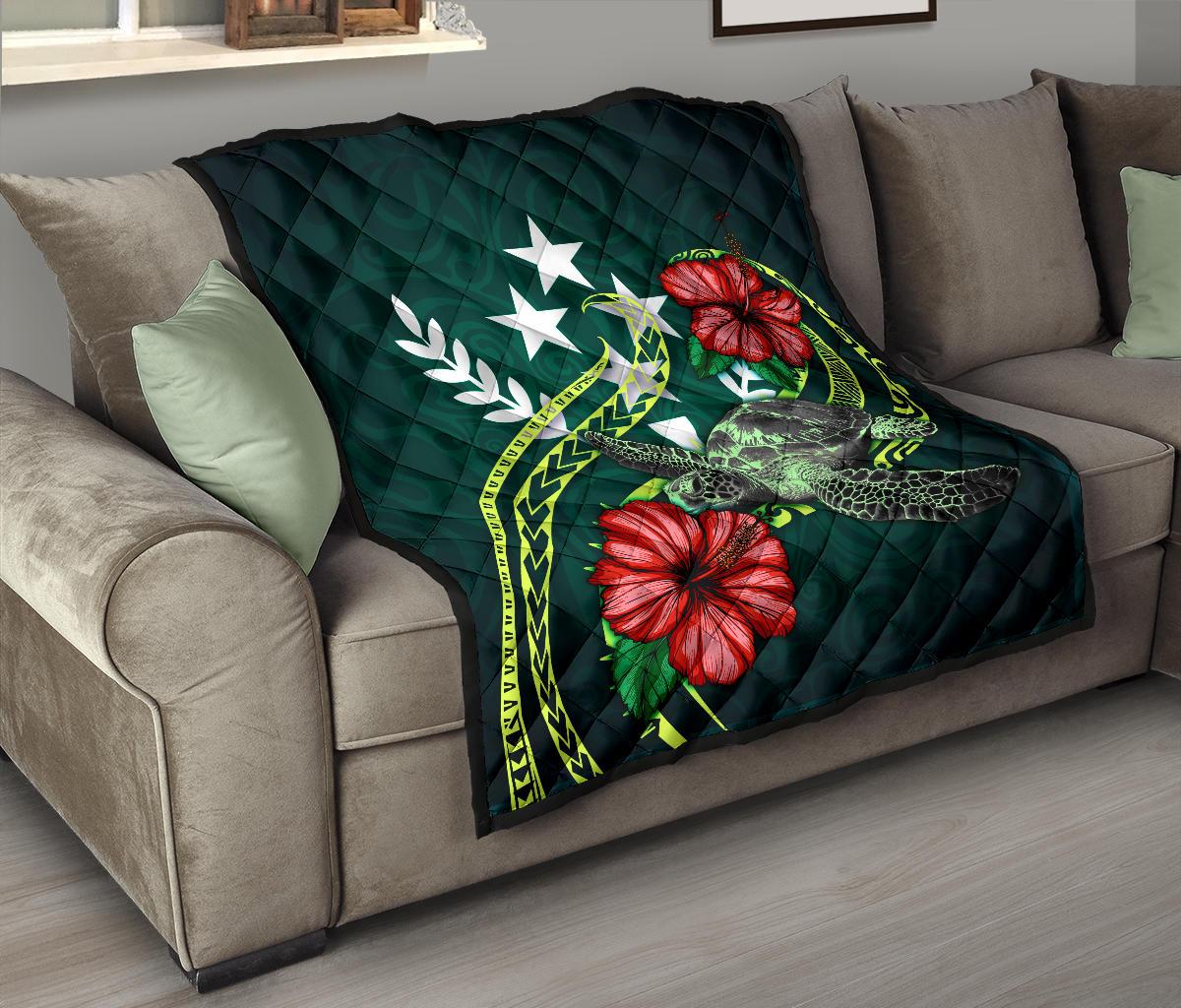 Kosrae Polynesian Premium Quilt - Green Turtle Hibiscus - Polynesian Pride