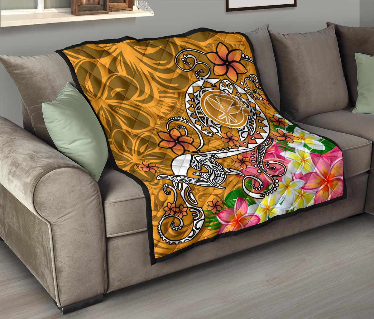 Hawaii Premium Quilt - Turtle Plumeria Polynesian Tattoo Gold Color - Polynesian Pride