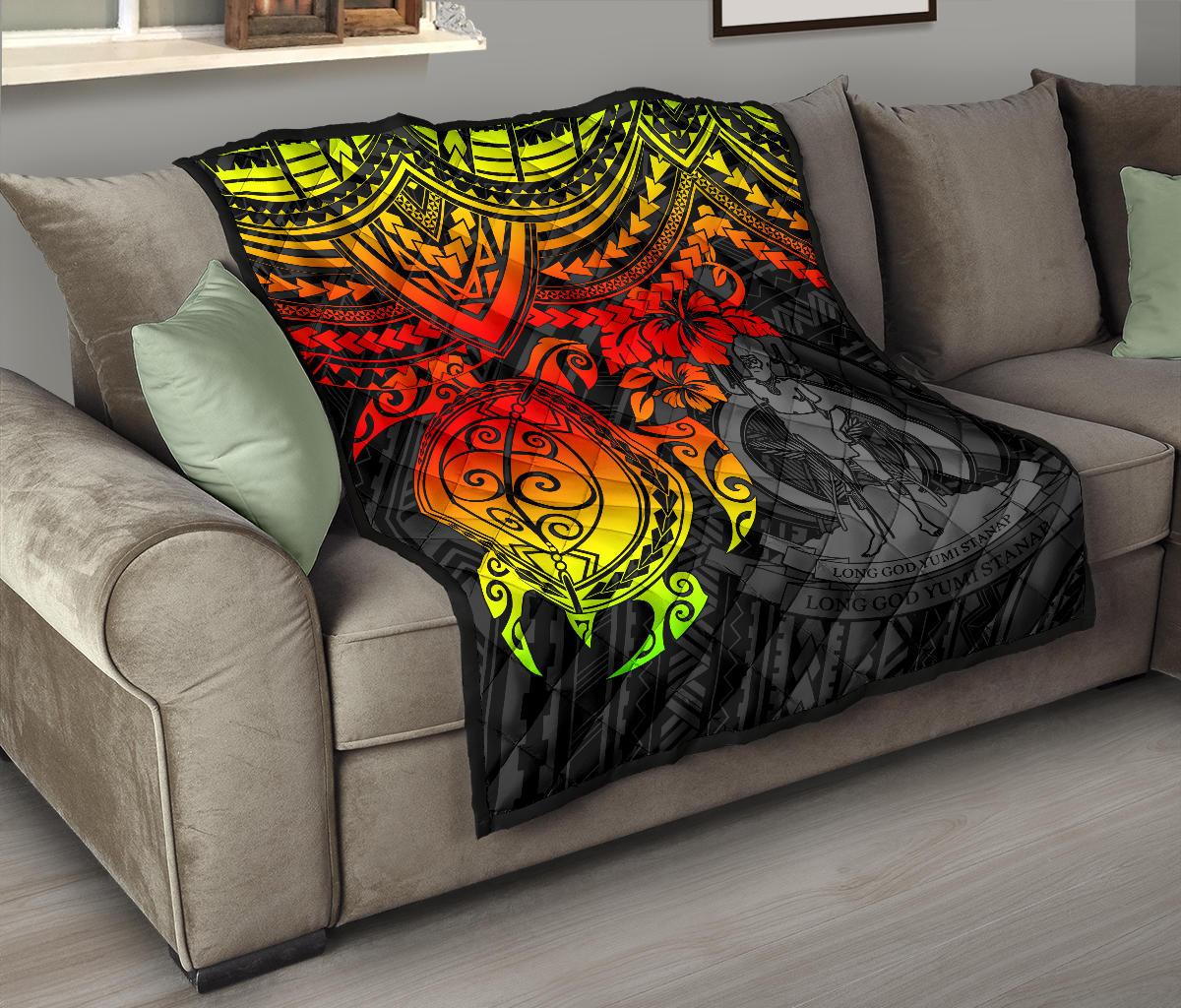 Vanuatu Polynesian Premium Quilt - Vanuatu Coat Of Arms & Reggae Turtle Hibiscus - Polynesian Pride