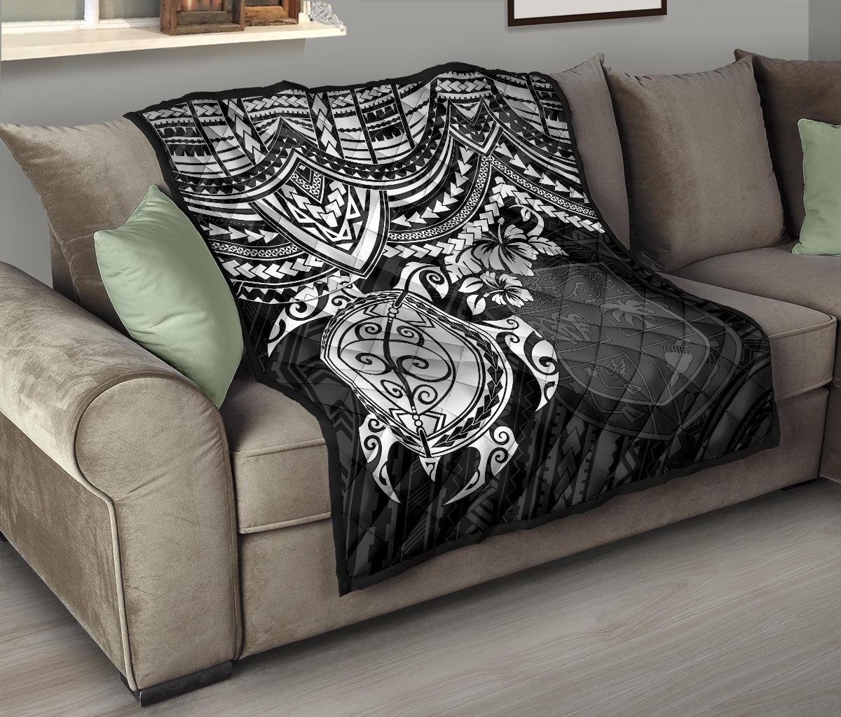 Fiji Polynesian Premium Quilt - Fiji Flag & White Turtle Hibiscus - Polynesian Pride