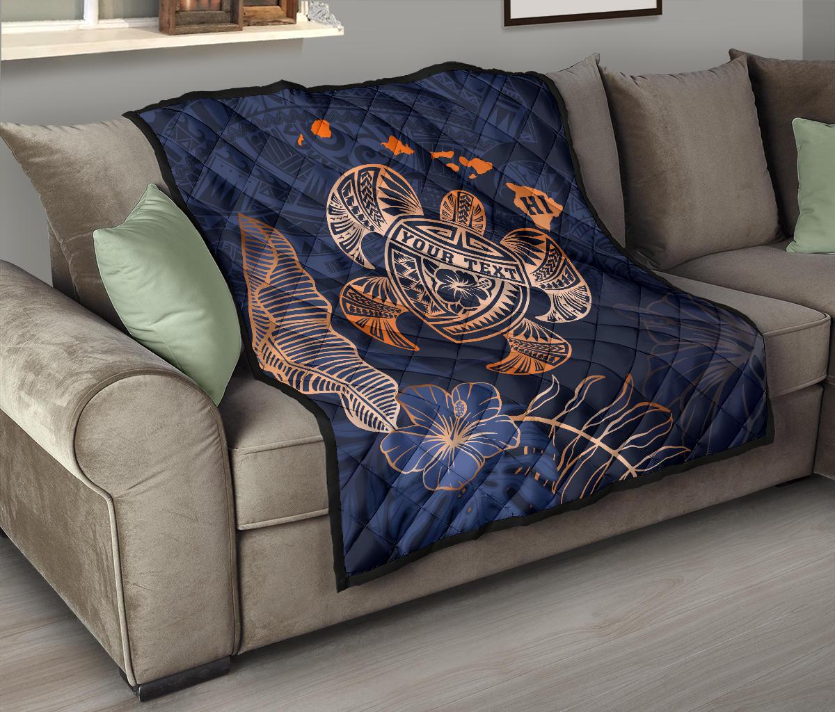 Personalized - Hawaii Kakau Polynesian Turtle Map Premium Quilt - Indigo Special Edition - Polynesian Pride