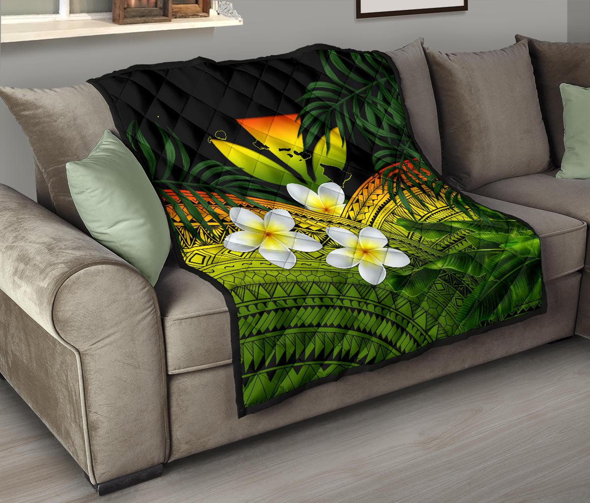 Kanaka Maoli (Hawaiian) Premium Quilt, Polynesian Plumeria Banana Leaves Reggae - Polynesian Pride