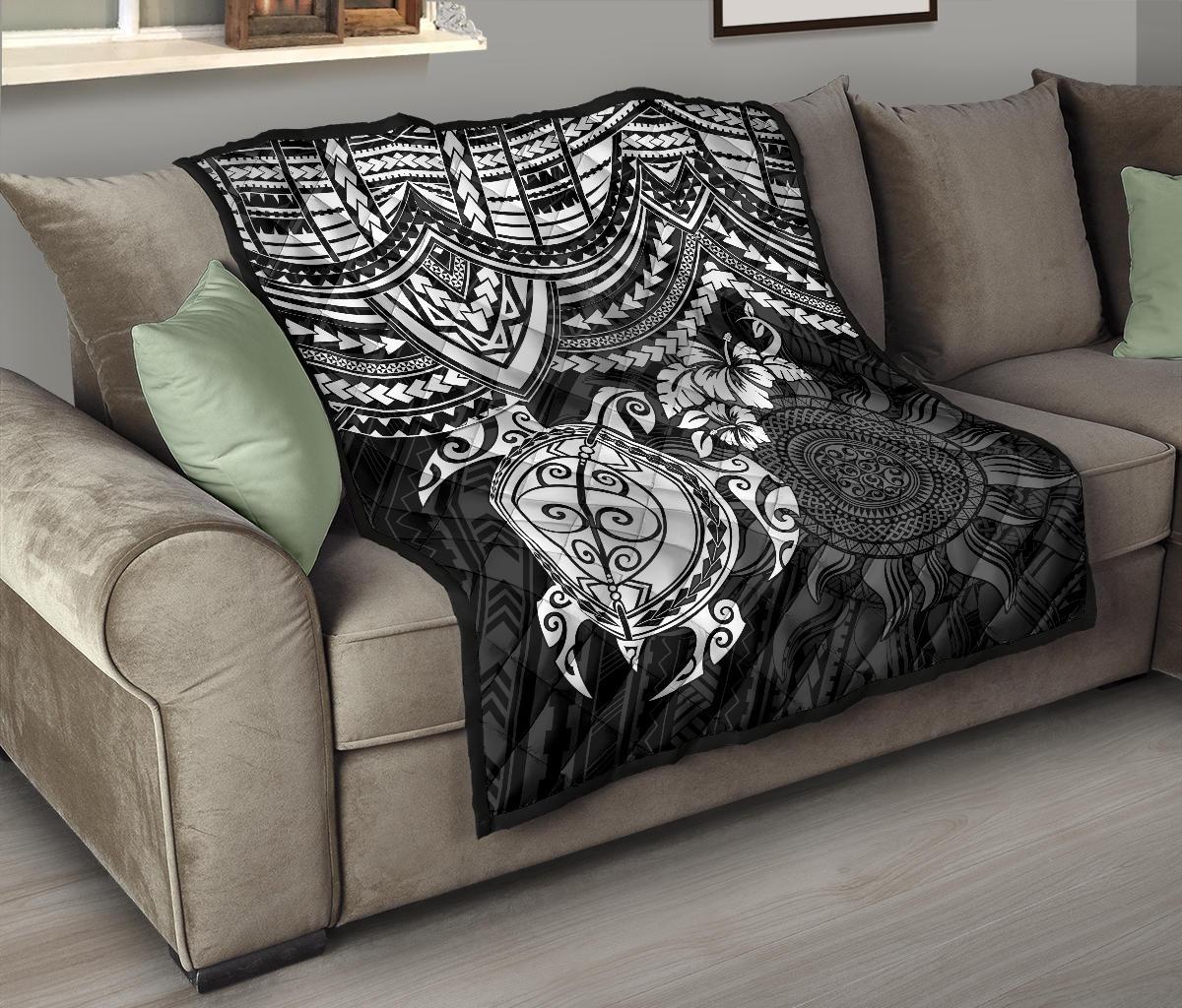 Polynesian Premium Quilt - Polynesian White Turtle Hibiscus - Polynesian Pride