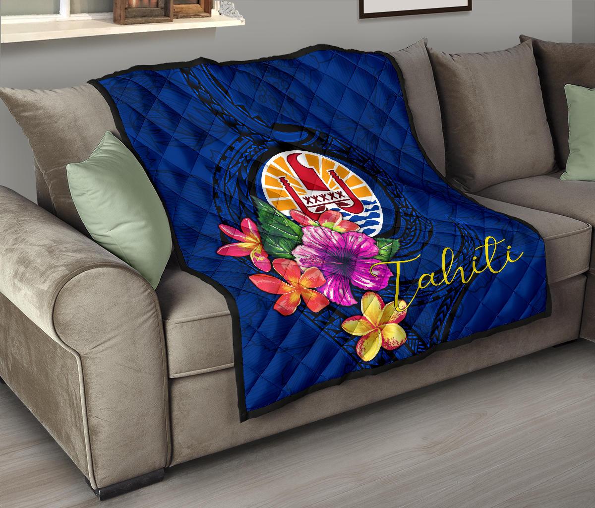 Tahiti Polynesian Premium Quilt - Floral With Seal Blue Blue - Polynesian Pride