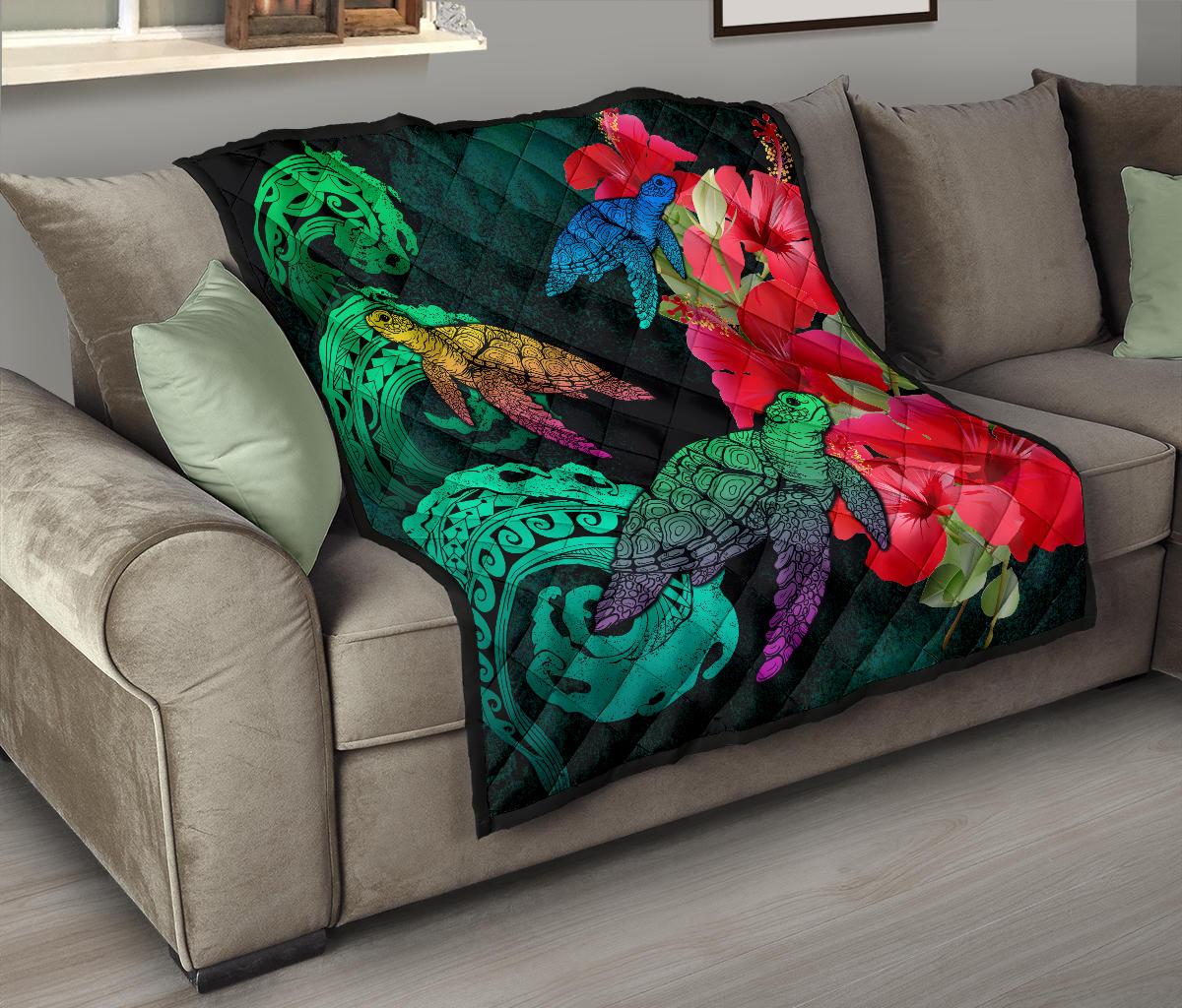 Hawaii Turtle Wave Hibiscus Premium Quilt - Unia Style - Polynesian Pride