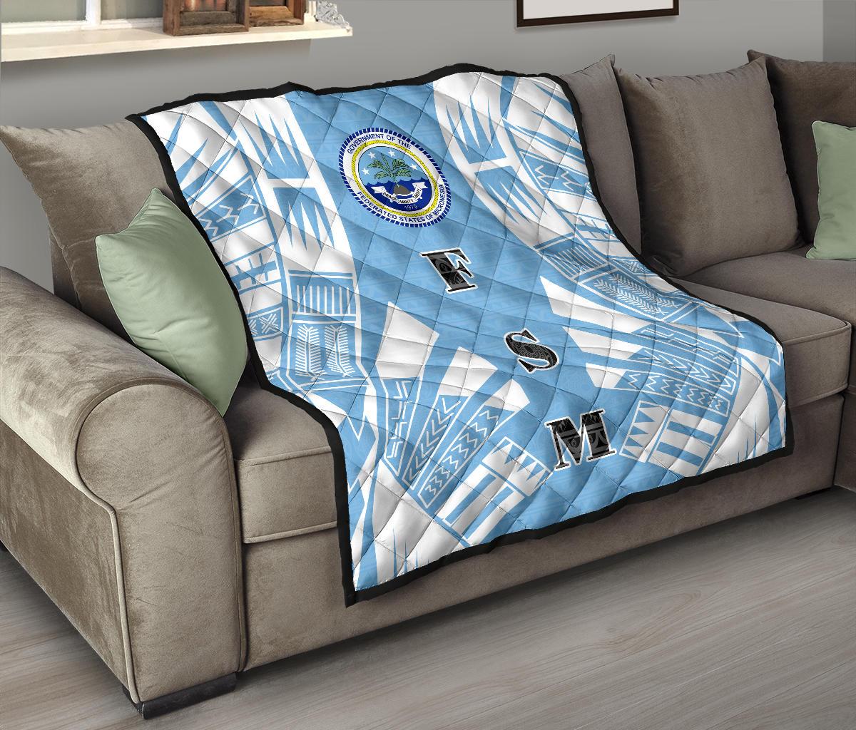 Federated States Of Micronesia Premium Quilt - Federated States Of Micronesia Seal Polynesian White Tattoo (Blue) - Polynesian Pride