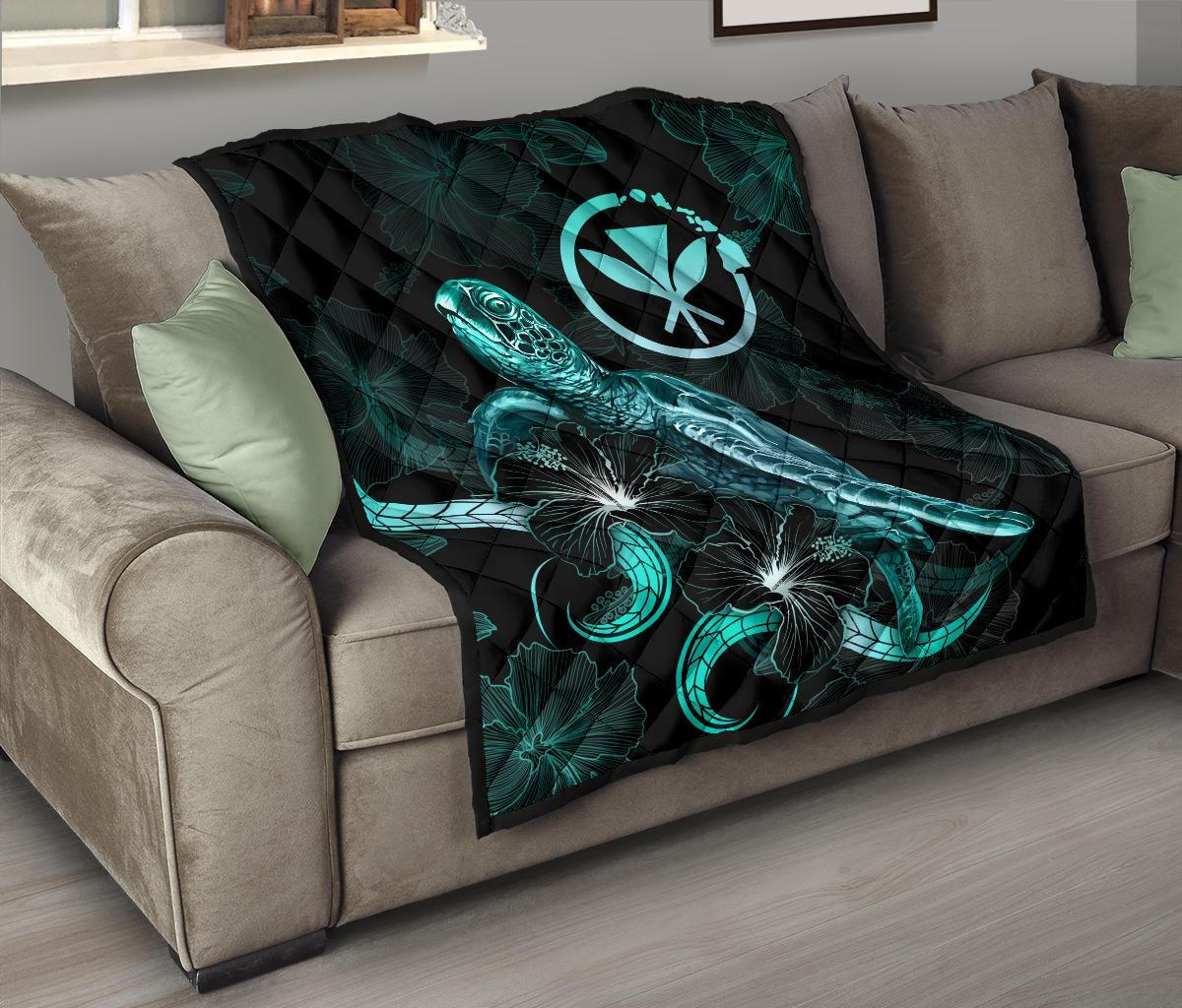 Hawaii Polynesian Premium Quilt - Turtle With Blooming Hibiscus Turquoise - Polynesian Pride