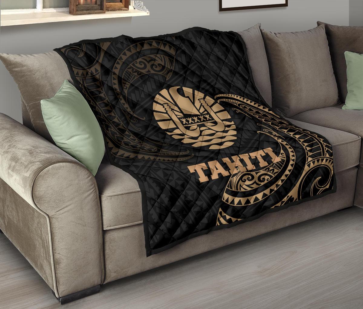 Tahiti Polynesian Premium Quilt - Gold Tribal Wave Black - Polynesian Pride