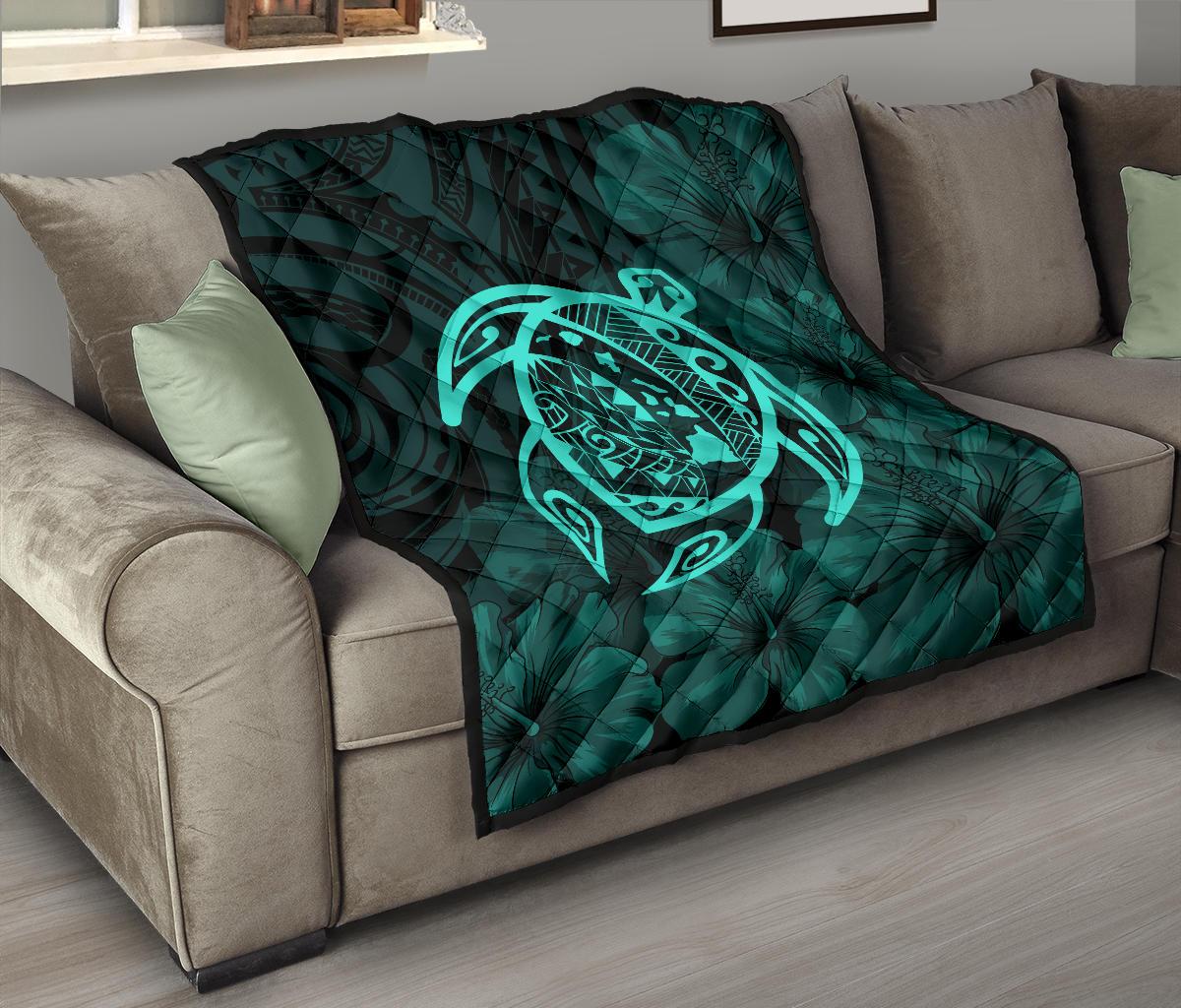 Hawaii Turtle Kanaka Map Hibiscus Poly Premium Quilt - Turquoise - Polynesian Pride