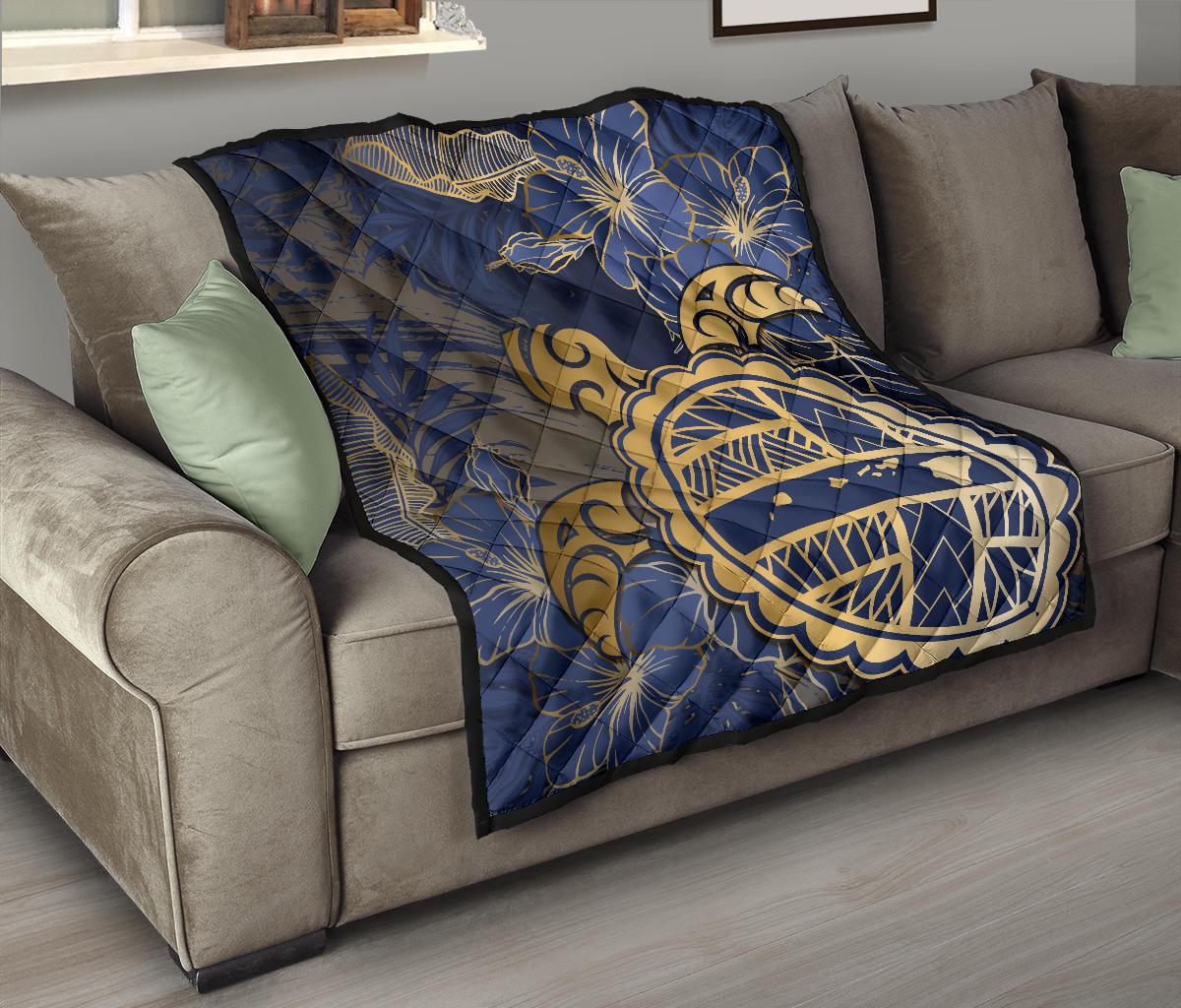 Hawaii Turtle Hibiscus Gold Premium Quilt - Kyn Style - Polynesian Pride