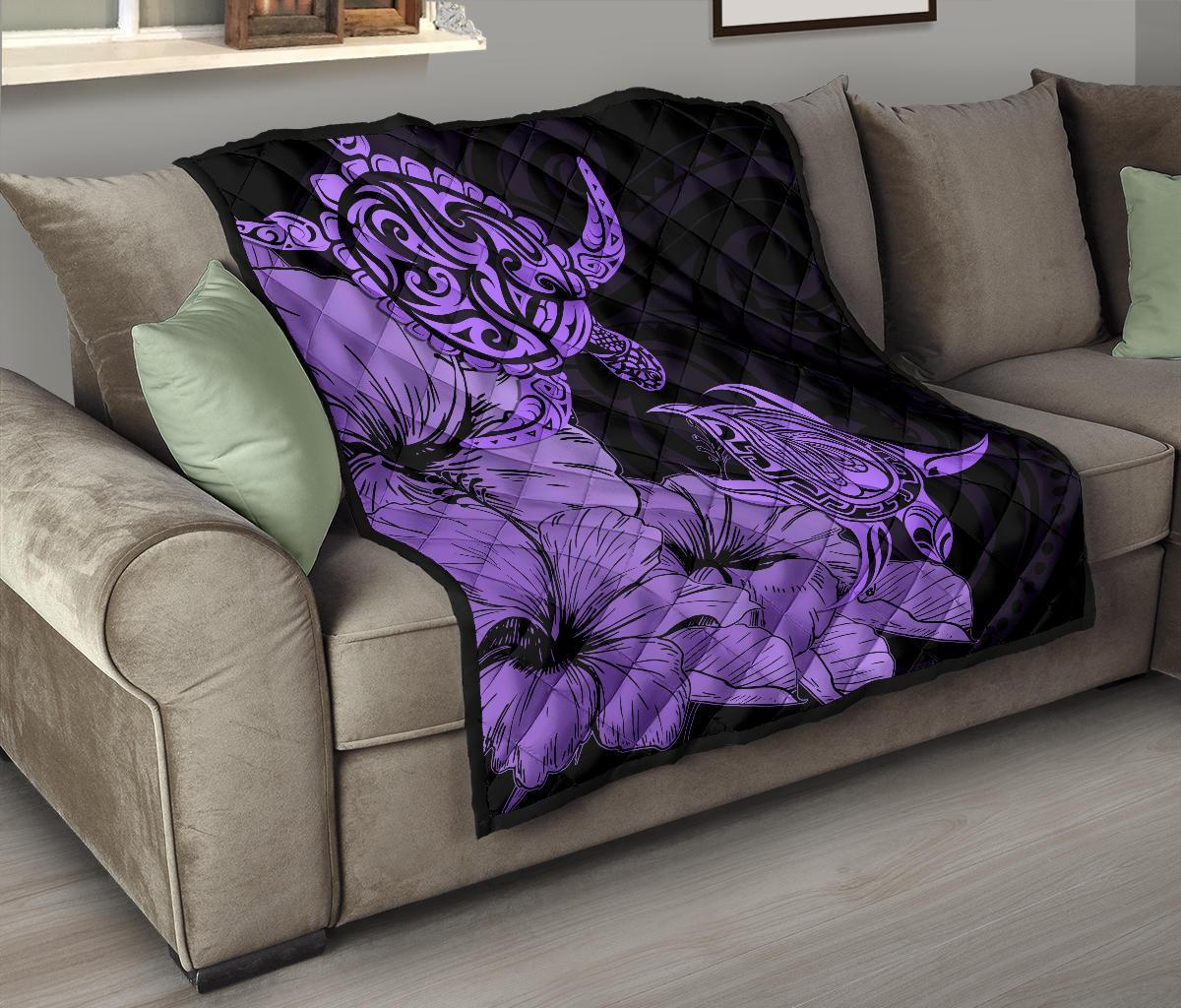 Hawaii Turtle Premium Quilt Polynesian Hibiscus Art Violet AH - Polynesian Pride