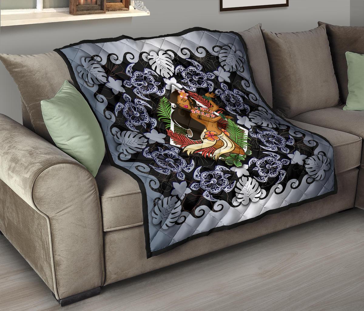 Hawaii Polynesian Premium Quilt - Hawaiian Dancing Girl Silver - Polynesian Pride