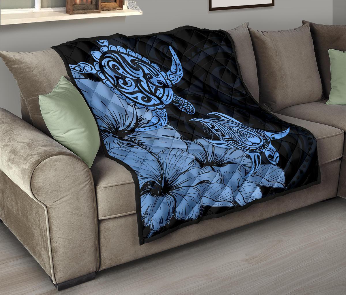 Hawaii Turtle Premium Quilt Polynesian Hibiscus Art Blue AH - Polynesian Pride