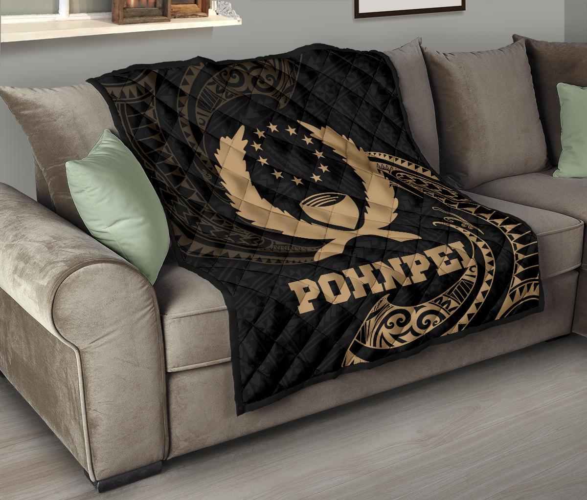 Pohnpei Micronesia Premium Quilt - Gold Tribal Wave Black - Polynesian Pride