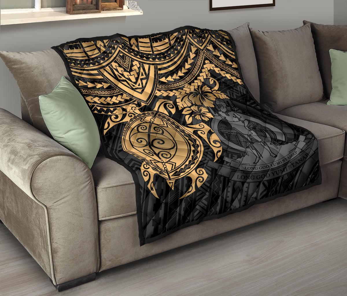 Vanuatu Polynesian Premium Quilt - Vanuatu Coat Of Arms & Gold Turtle Hibiscus - Polynesian Pride