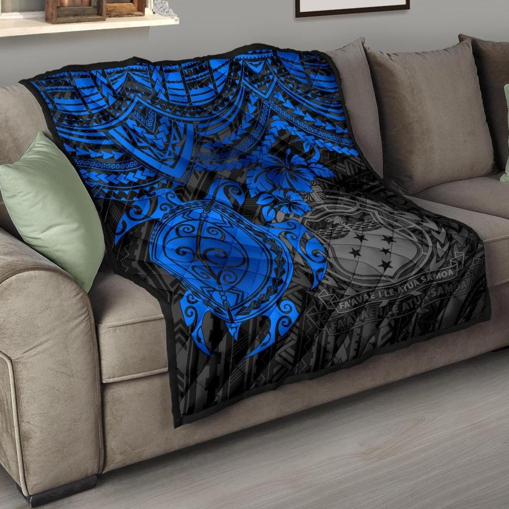 Samoa Polynesian Premium Quilt - Samoa Coat Of Arms & Blue Turtle Hibiscus BLUE - Polynesian Pride