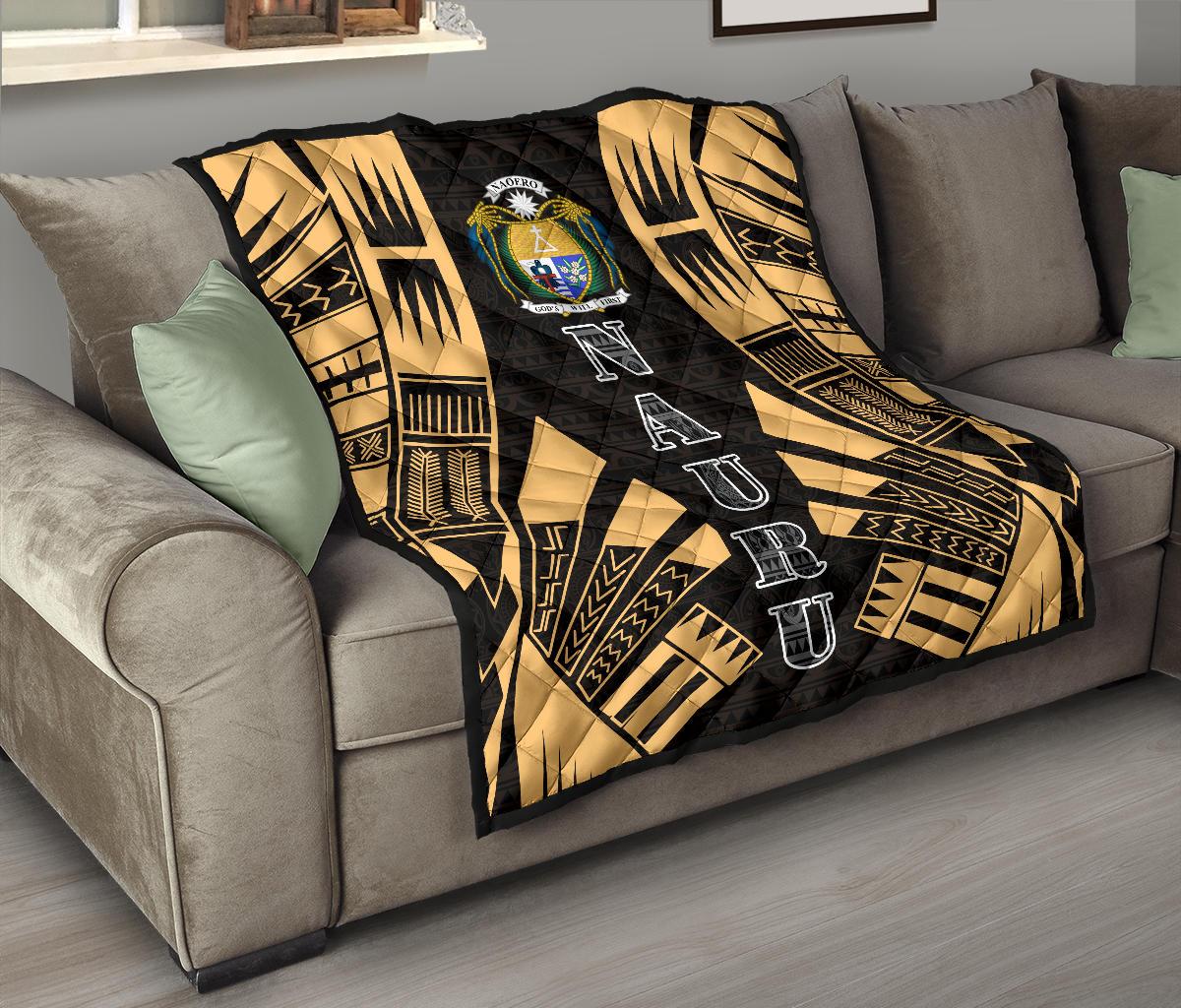 Nauru Premium Quilt - Nauru Coat Of Arms Polynesian Gold Tattoo - Polynesian Pride