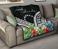 Cook Islands Premium Quilt - Cook Islands Coat of Arms & Polynesian Tropical Flowers White - Polynesian Pride