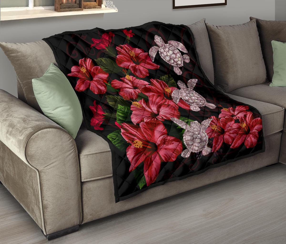 Hawaii Red Hibiscus Turtle Premium Quilt - AH - Ray Style - Polynesian Pride