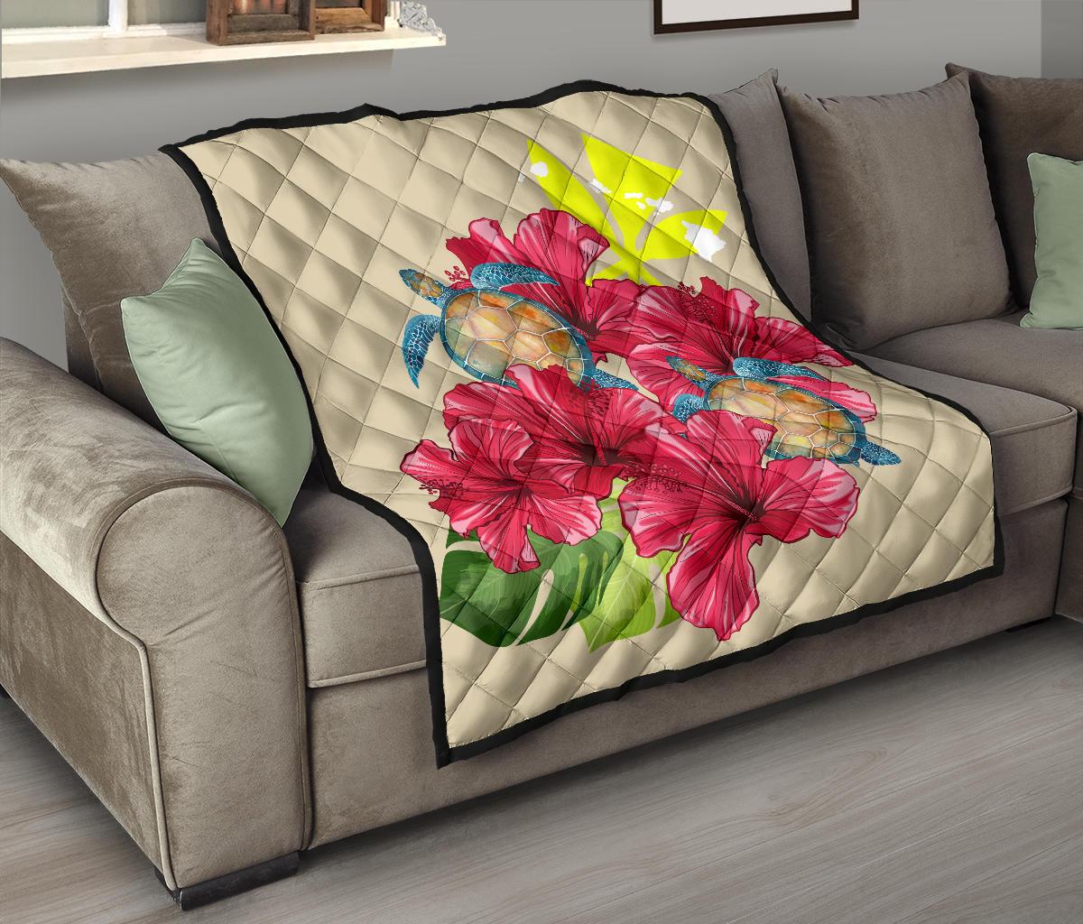 Hawaii Turtle Hibiscus Beige Simple Style - Premium Quilt AH - Polynesian Pride
