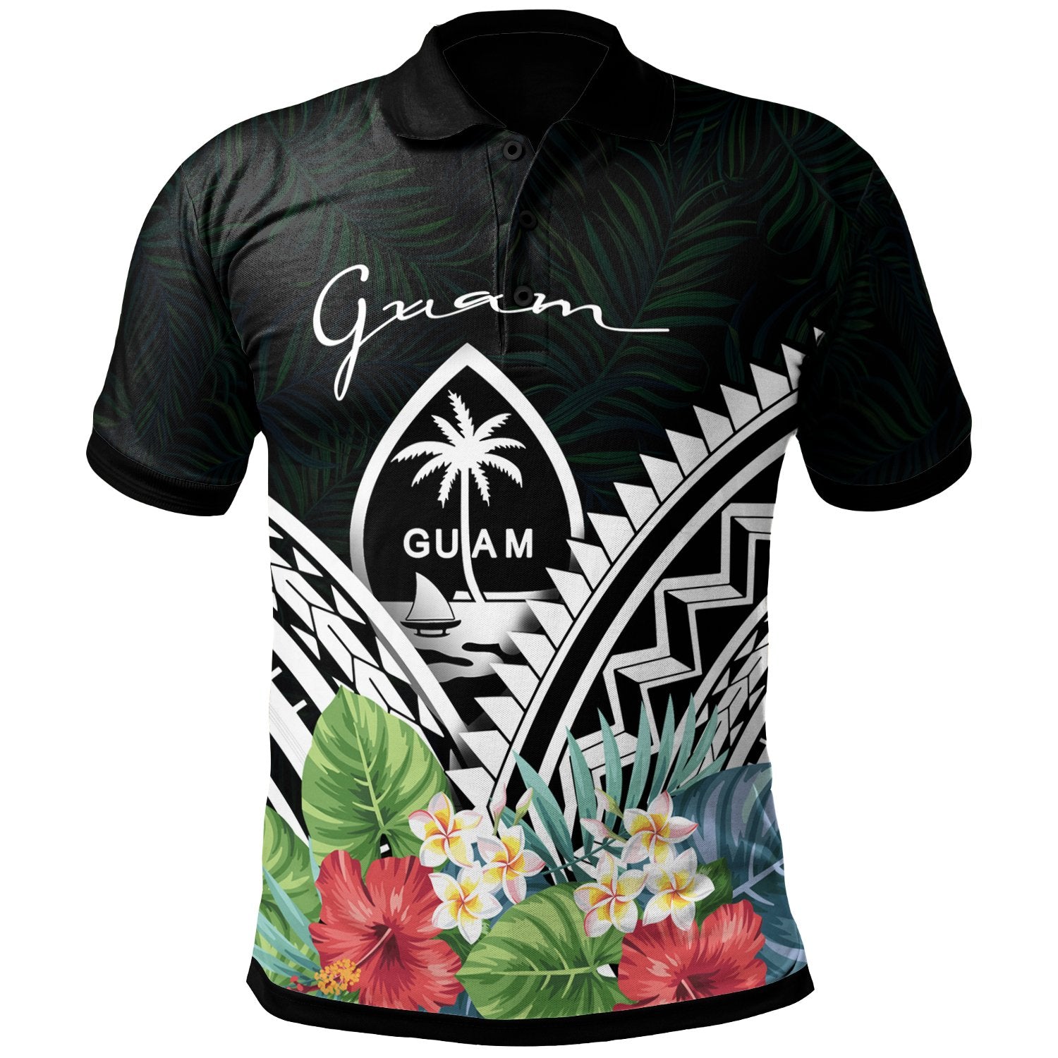 Guam Polo Shirt Guahan Coat of Arms and Polynesian Tropical Flowers White Unisex White - Polynesian Pride