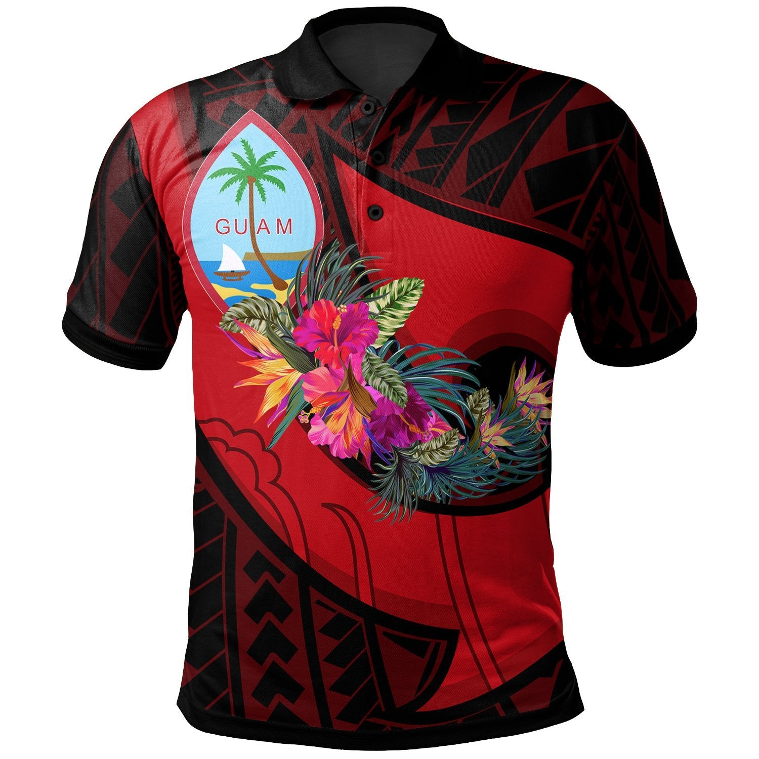 Guam Polo Shirt Polynesian Hook and Hibiscus (Red) Unisex Red - Polynesian Pride