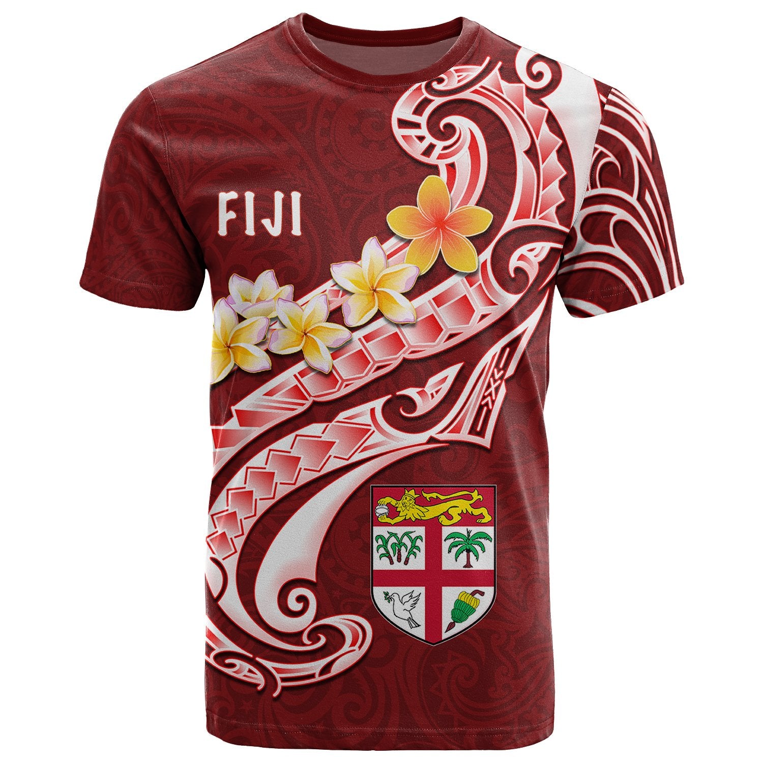 Fiji T Shirt Fijian Seal Polynesian Patterns Plumeria (Red) Unisex Red - Polynesian Pride