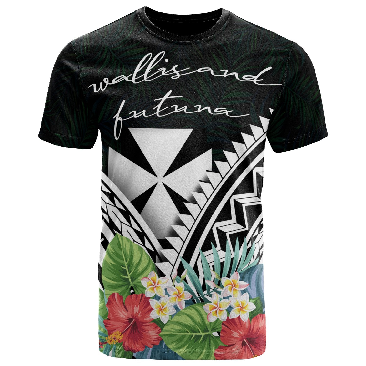 Wallis and Futuna Polynesian T Shirt Wallis and Futuna Coat of Arms & Polynesian Tropical Flowers White Unisex Art - Polynesian Pride