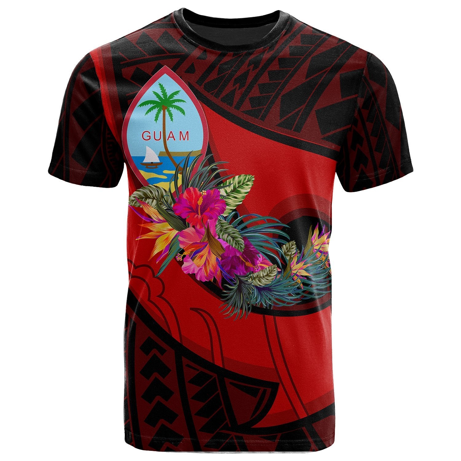 Guam T Shirt Polynesian Hook and Hibiscus (Red) Unisex Red - Polynesian Pride