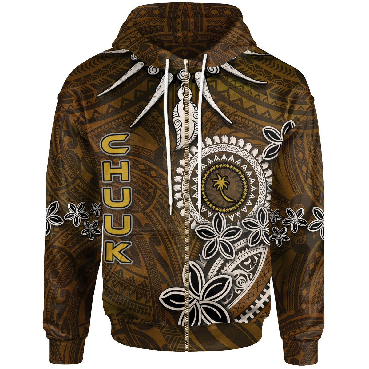 Chuuk Zip Hoodie Polynesian Boar Tusk Unisex Brown - Polynesian Pride