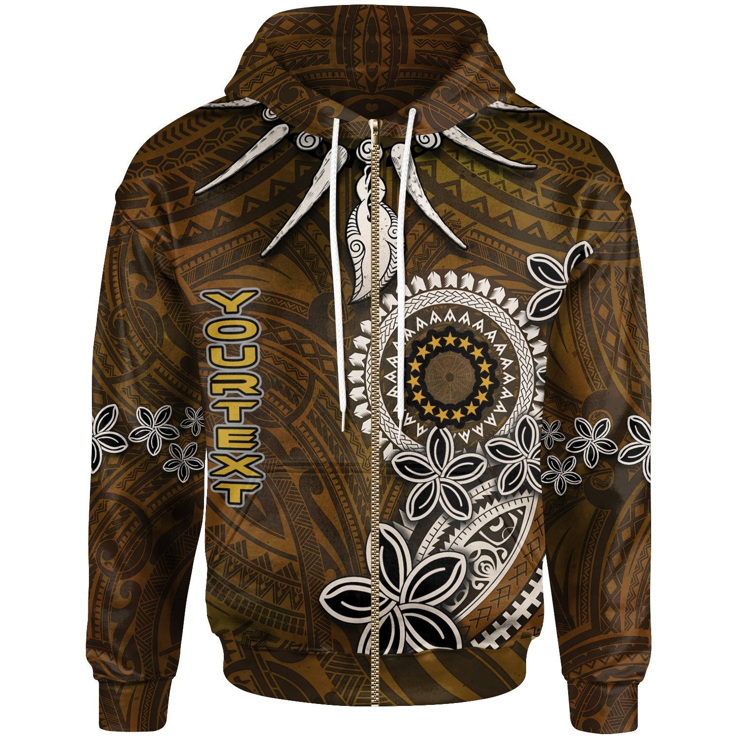 Cook Islands Custom Zip Hoodie Polynesian Boar Tusk Unisex Brown - Polynesian Pride