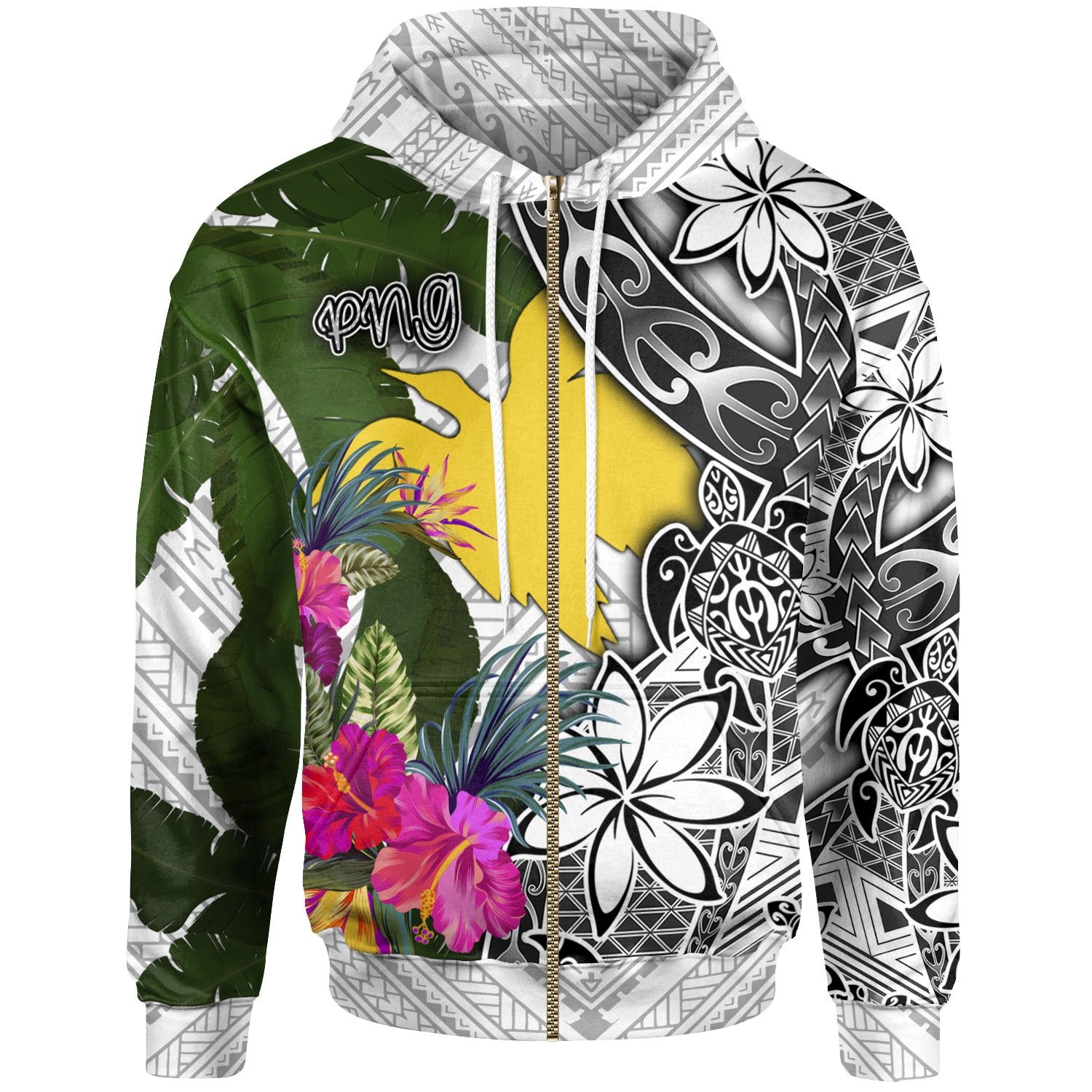 Papua New Guinea Zip up Hoodie White Turtle Plumeria Banana Leaf Unisex White - Polynesian Pride