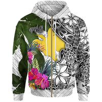 Papua New Guinea Zip up Hoodie White Turtle Plumeria Banana Leaf Unisex White - Polynesian Pride