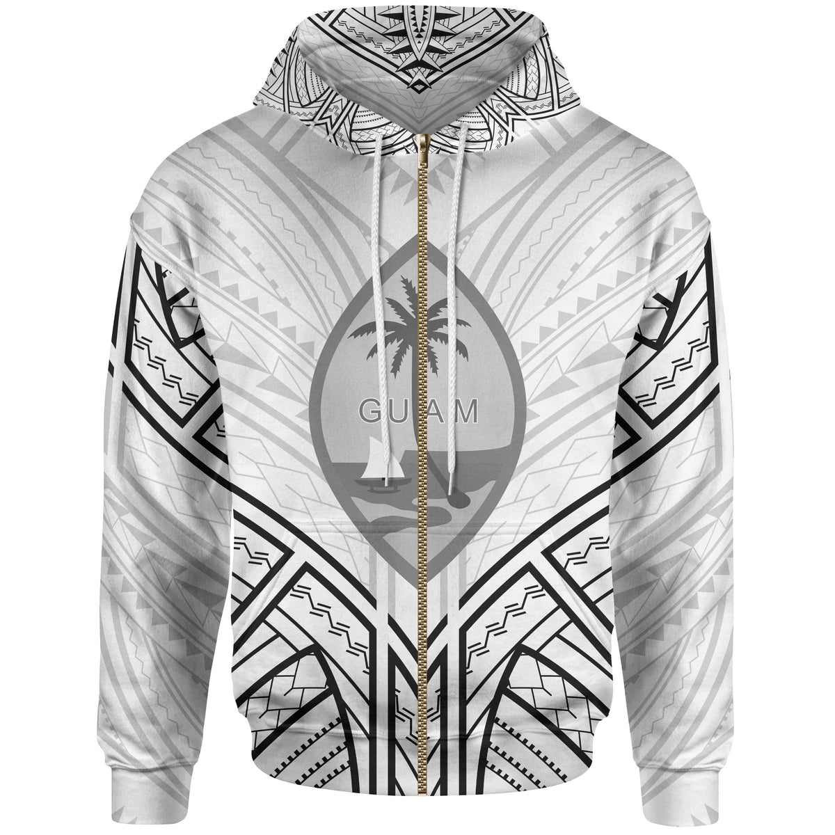 Guam Zip Hoodie Guam Seal Tribal Patterns Unisex White - Polynesian Pride