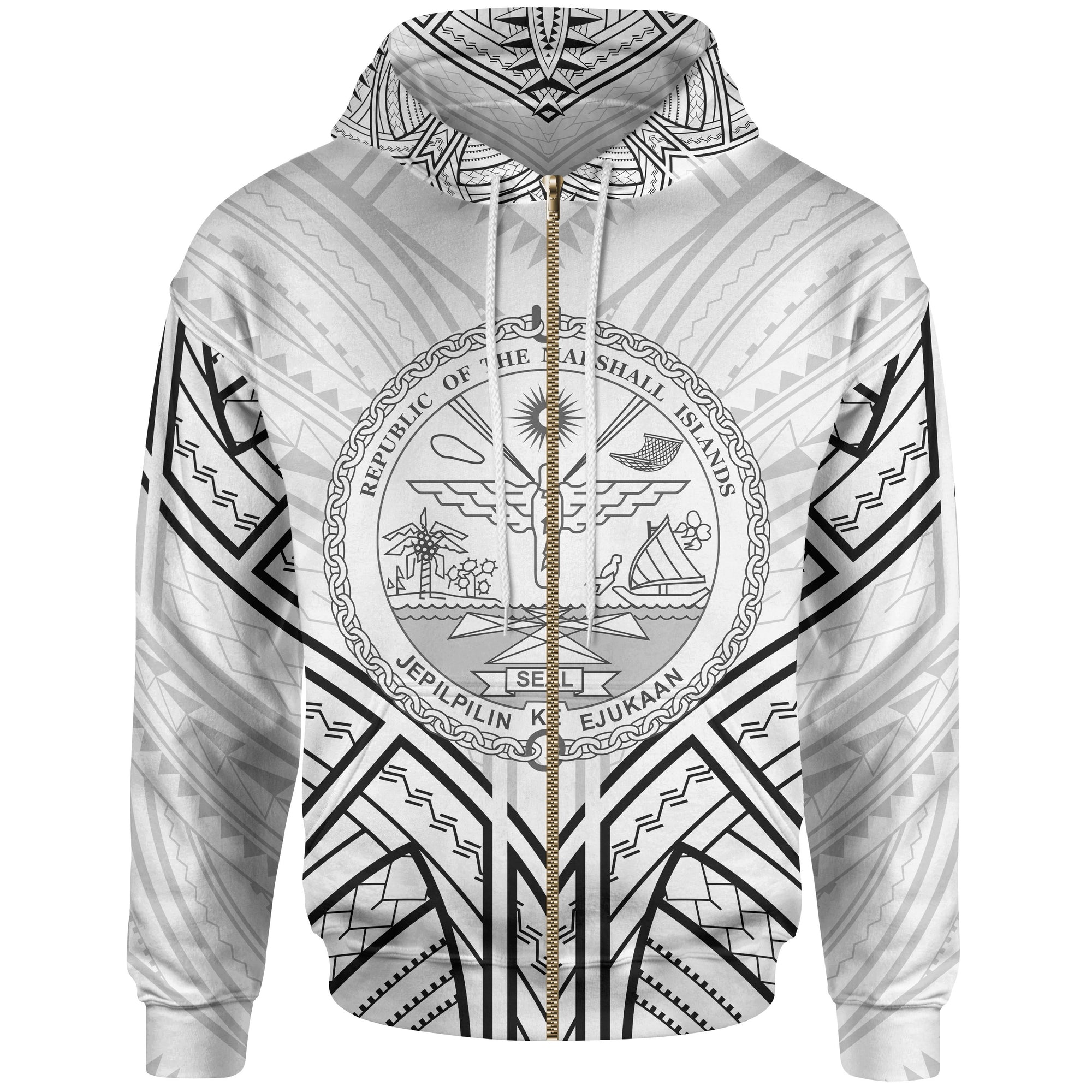 Marshall Islands Zip Hoodie Marshall Islands Seal Tribal Patterns Unisex White - Polynesian Pride