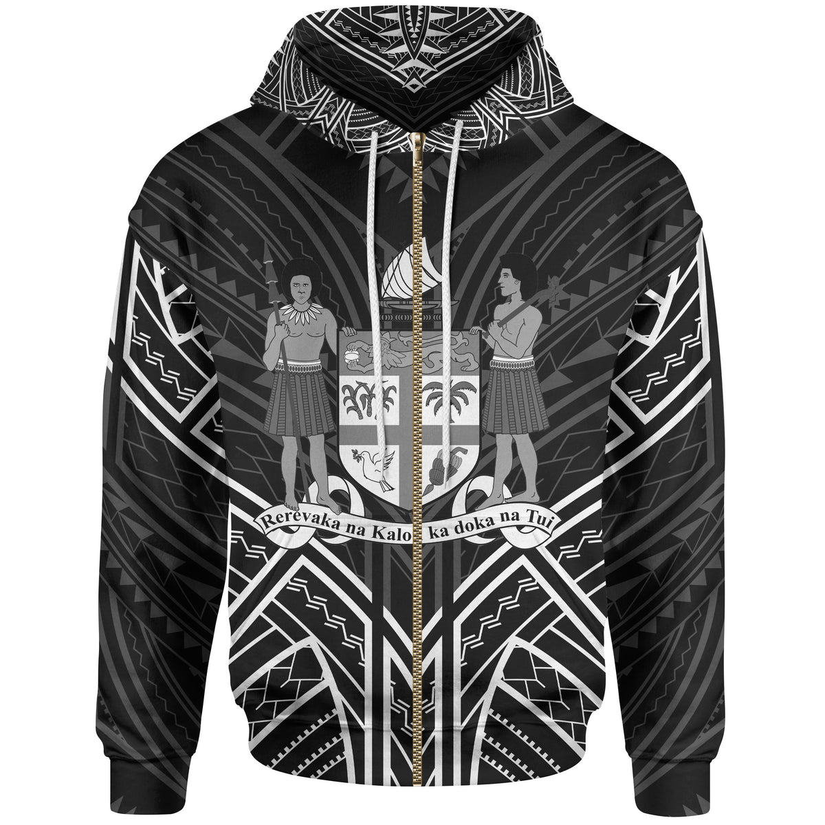 Fiji Zip Hoodie Fiji Seal Black Tribal Patterns Unisex White - Polynesian Pride
